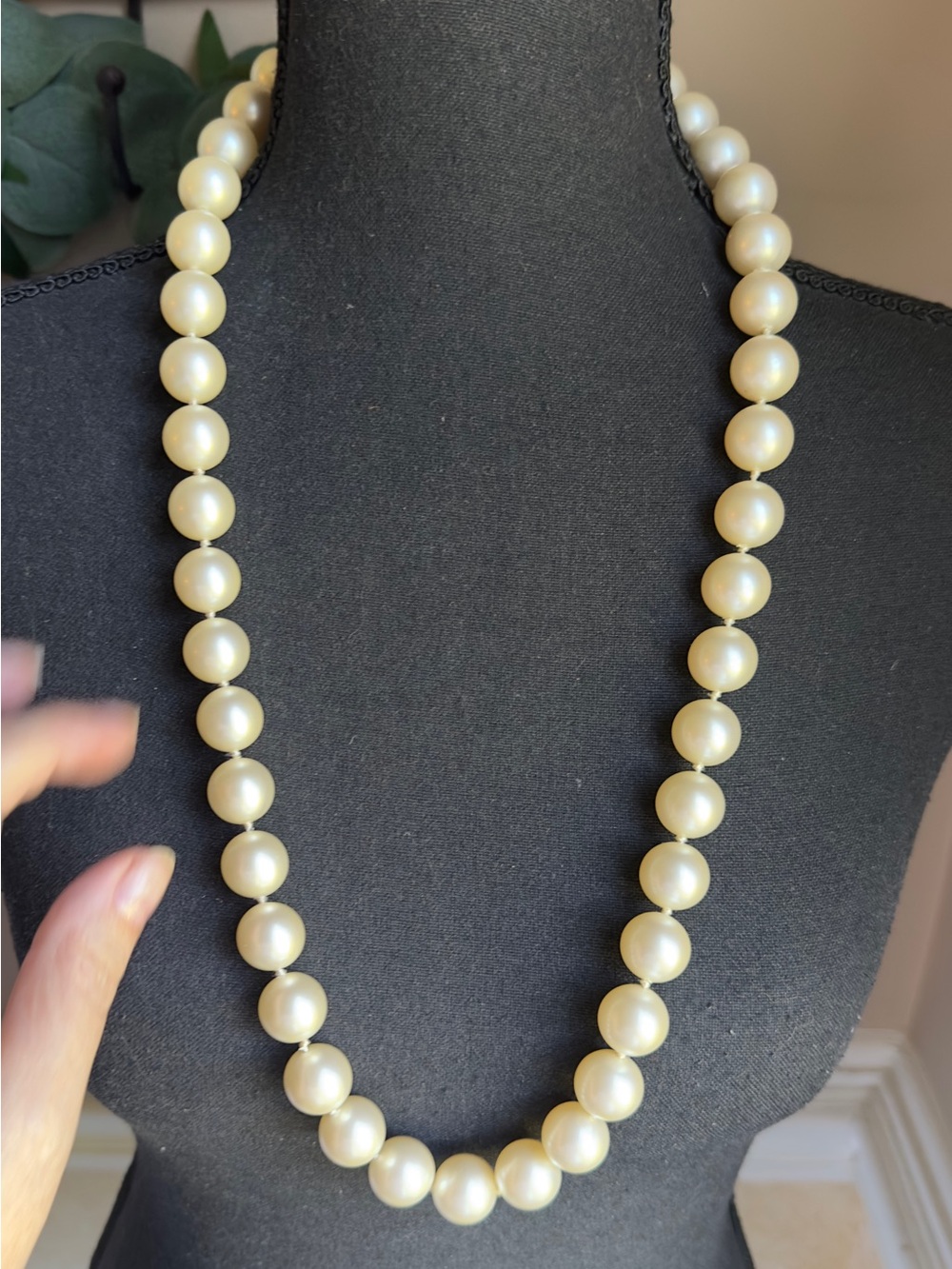 Vintage Jumbo 12mm approx Faux Pearl Necklace Hand Knotted 30" Hidden Clasp